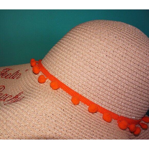 Vintage Feelin' Beachy Ivory Woven Sun Hat with orange pom pom fringe pinup - Picture 9 of 13